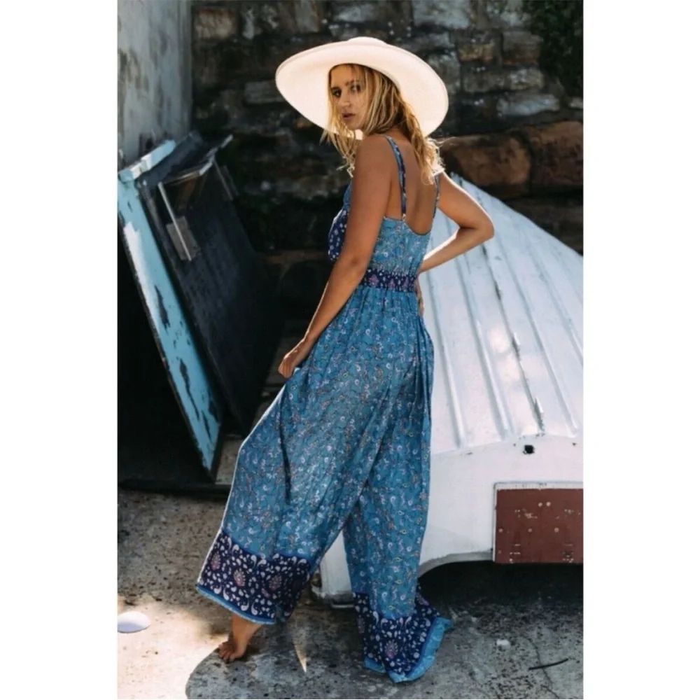 Jaase Wave Sapphire Jumpsuit blue floral print sleeveless drawstring waist - Picture 2 of 9